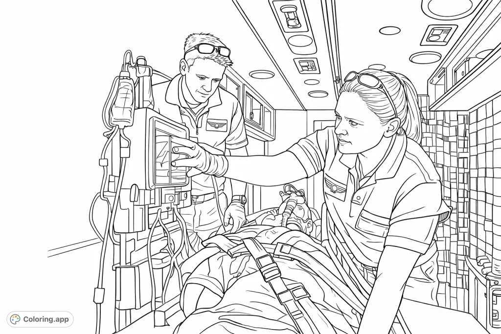 Color this detailed ambulance scene featuring two dedicated EMS professionals providing patient care with essential medical equipment and a functional interior.