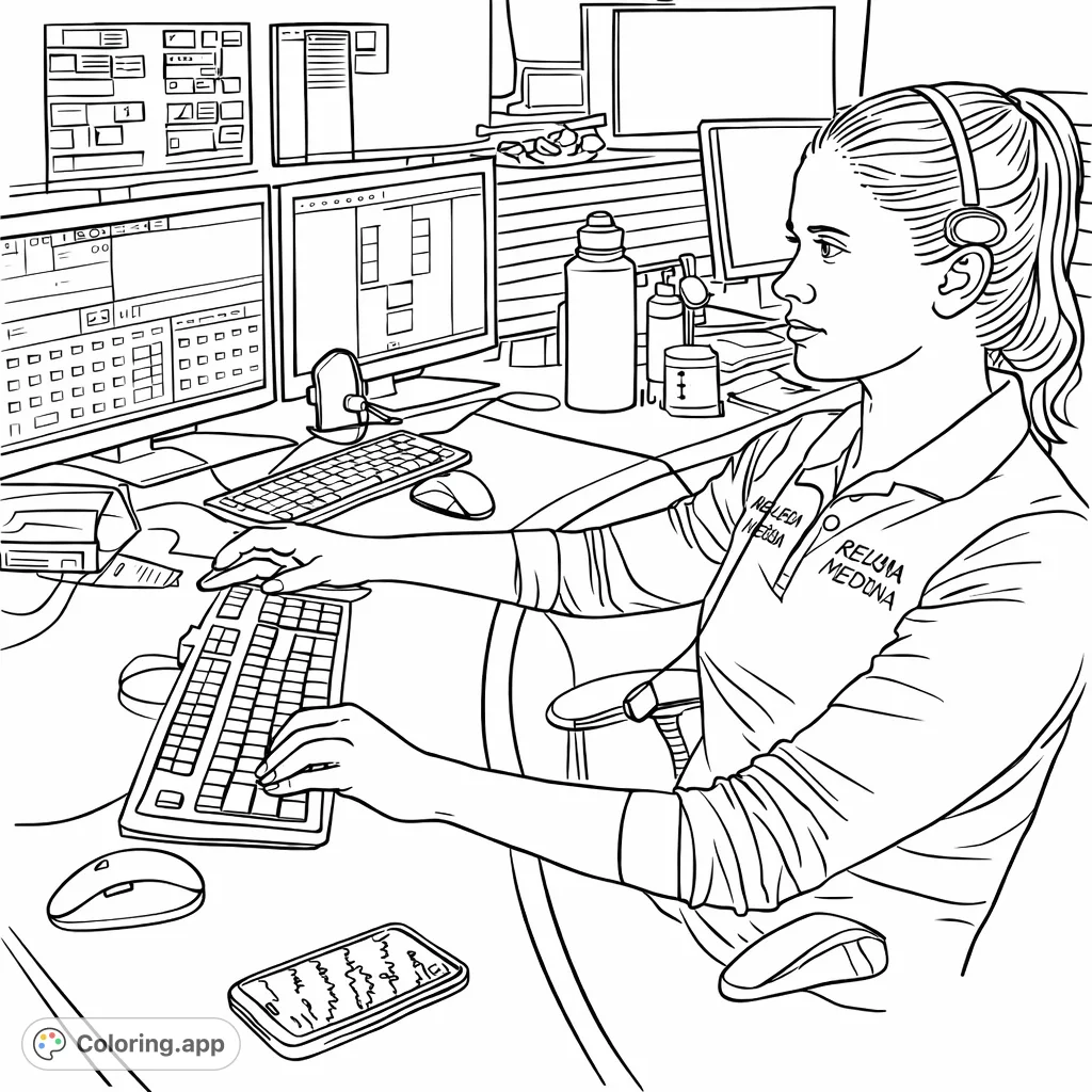 A diligent professional manages multiple screens and complex systems in a control room. This intricate scene offers an engaging coloring experience.