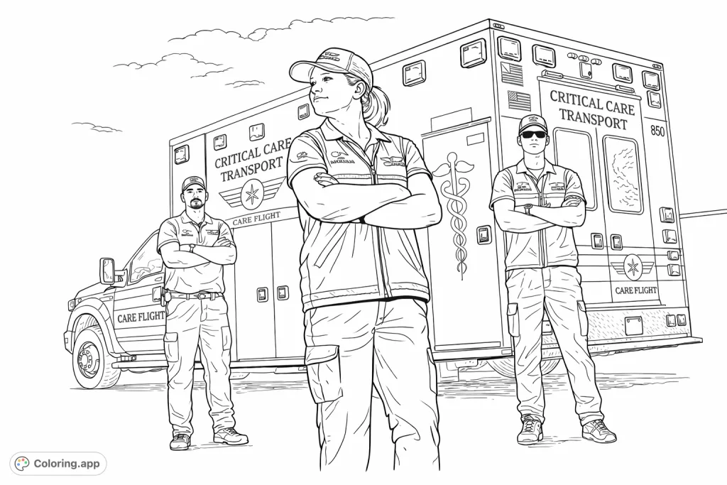 A powerful scene of a dedicated medical transport team standing proudly before their detailed ambulance. Celebrate emergency services and healthcare heroes with this free printable coloring page.
