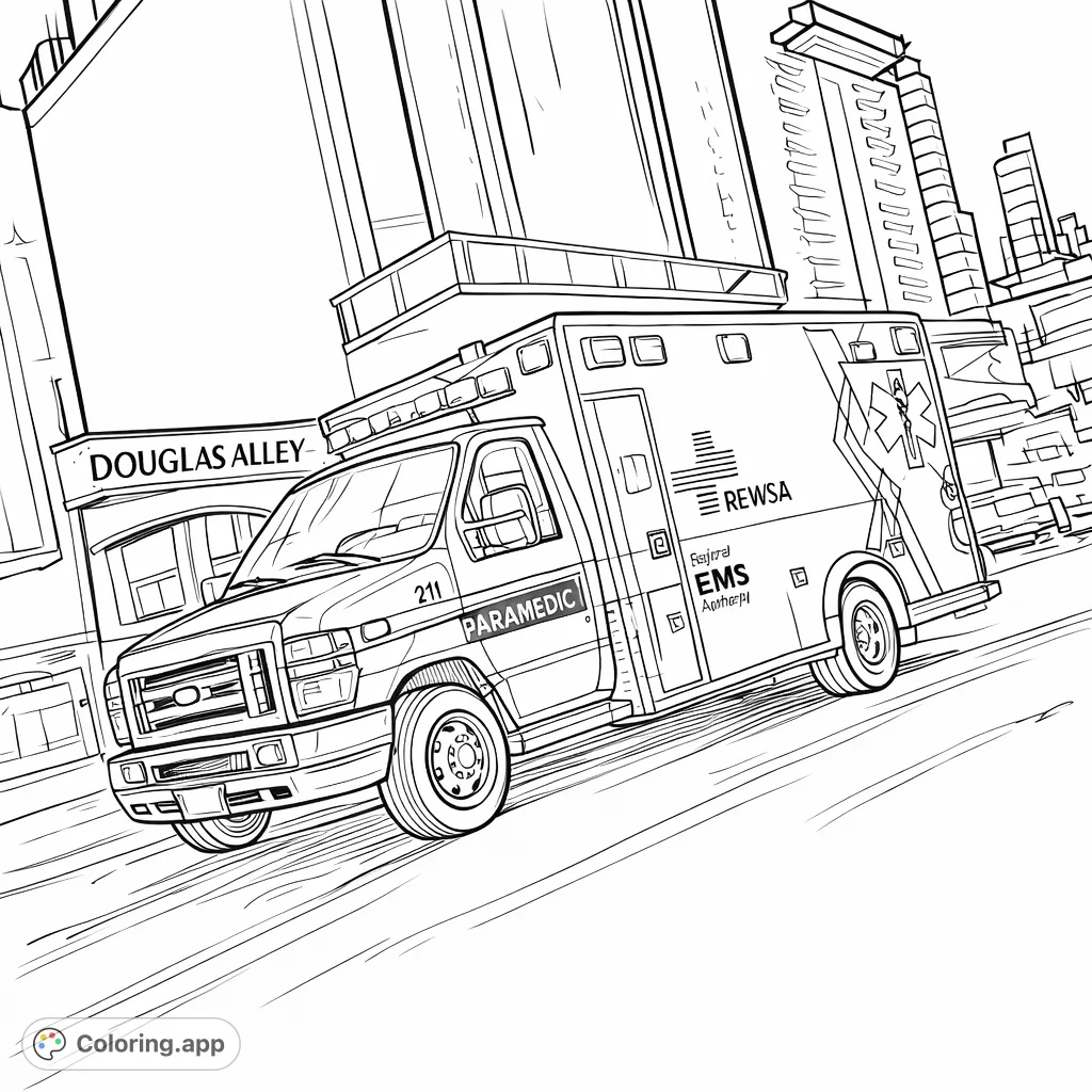 A dynamic ambulance coloring page captures an emergency vehicle in swift motion on a city street at night, with glowing signs in the background.