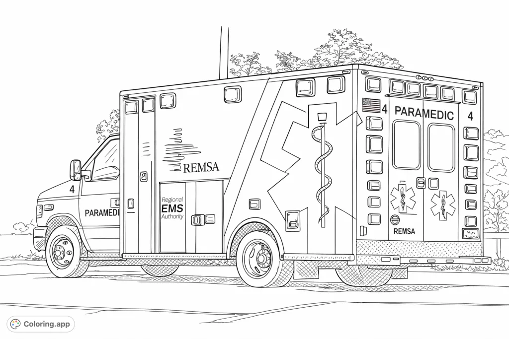 A highly detailed emergency ambulance, ready for action, featuring iconic symbols and intricate elements for a rewarding coloring experience.