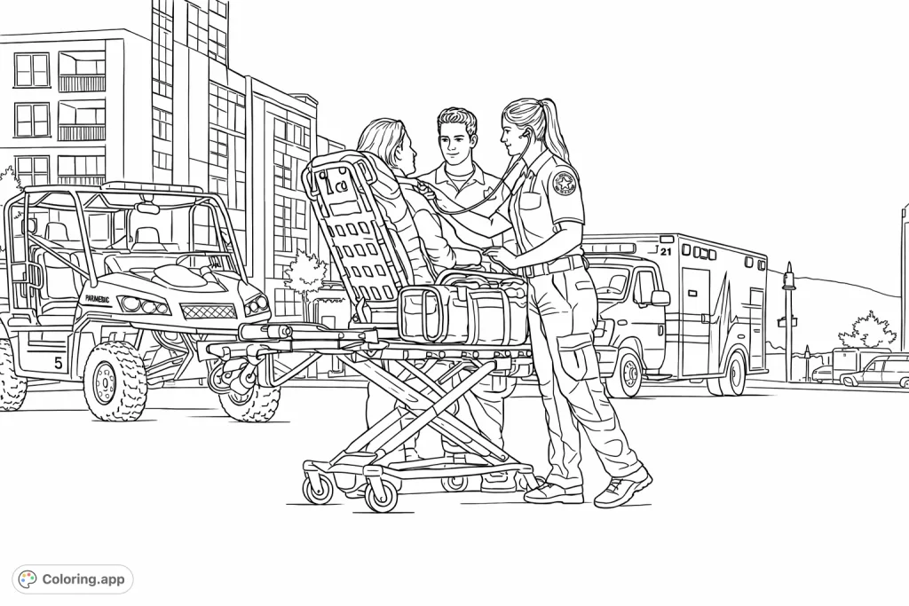 Detailed emergency response coloring page featuring paramedics attending to a patient on a stretcher, with an ambulance and city buildings in the background. A tribute to community helpers.