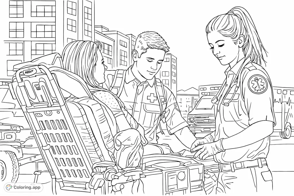 Experience a compassionate scene of emergency responders aiding a patient on a stretcher. A detailed drawing for all ages to honor essential workers and develop focus.