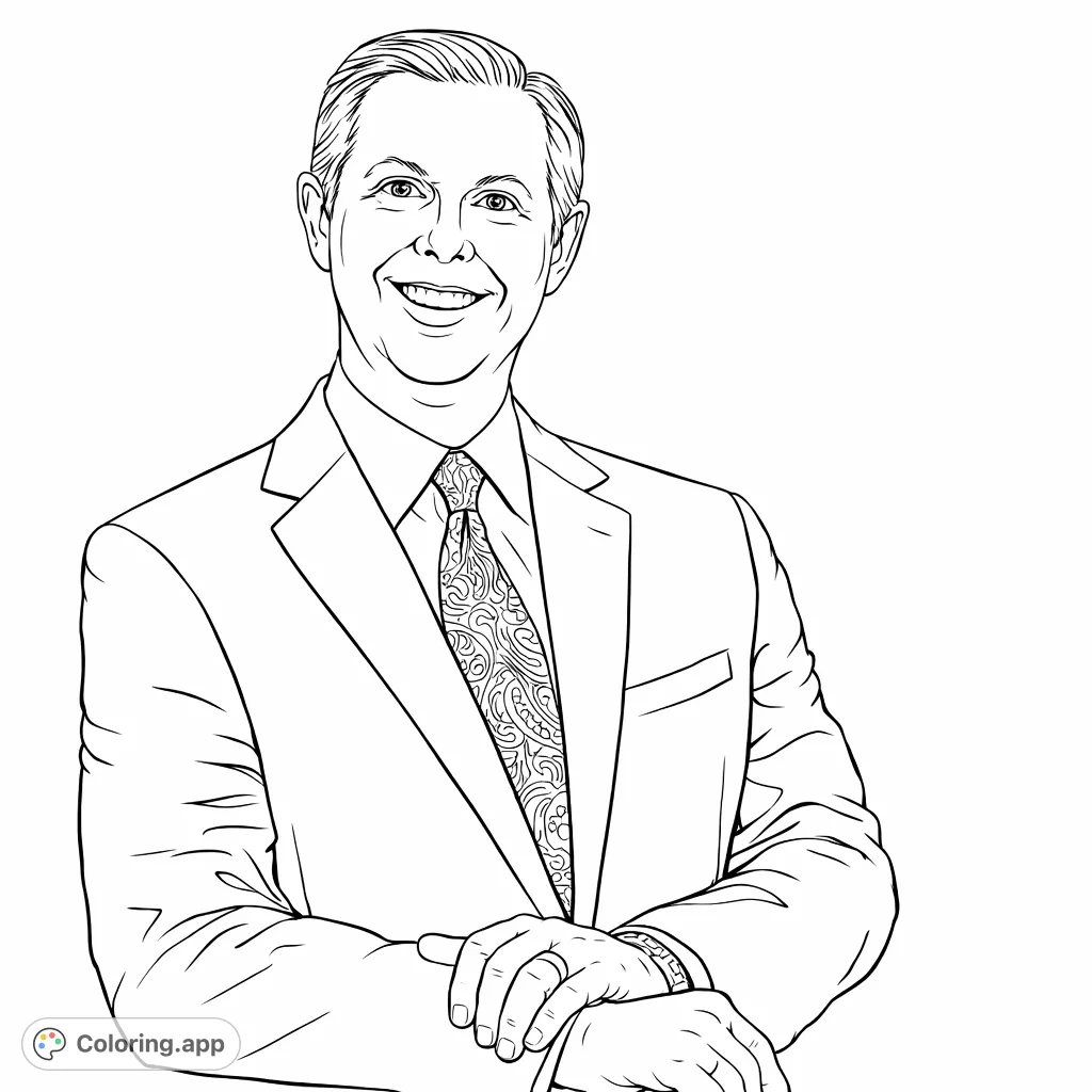 Color a distinguished professional portrait featuring a smiling man in a suit with a detailed paisley tie. Perfect for adults and aspiring artists.