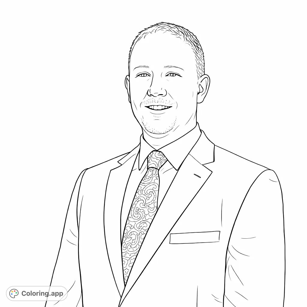 A smiling man in a tailored suit and patterned tie, ready for a professional coloring challenge. Perfect for adults and teens.