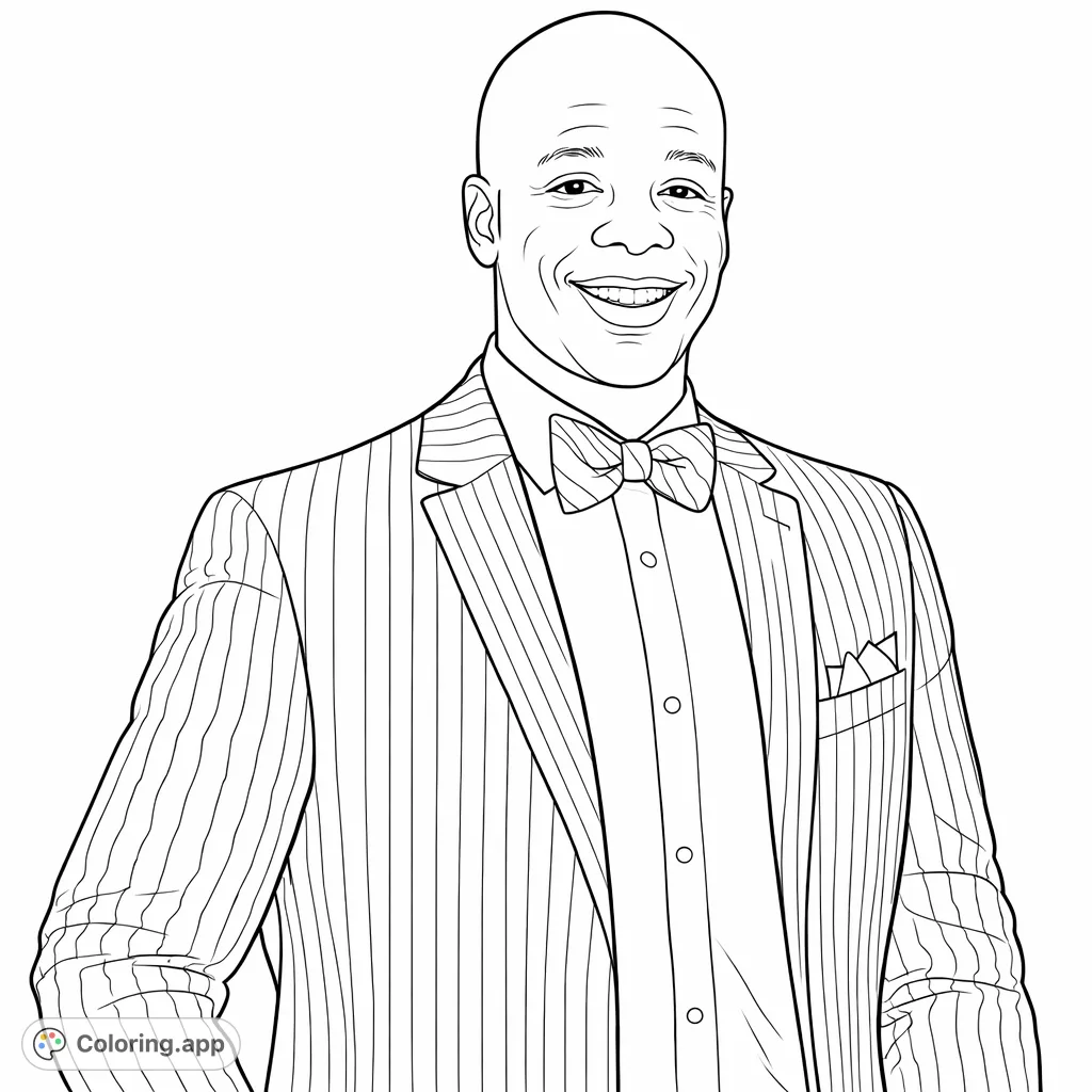 A smiling man in a distinguished pinstripe suit, patterned bow tie, and crisp shirt, offering a sophisticated portrait ready for creative coloring.