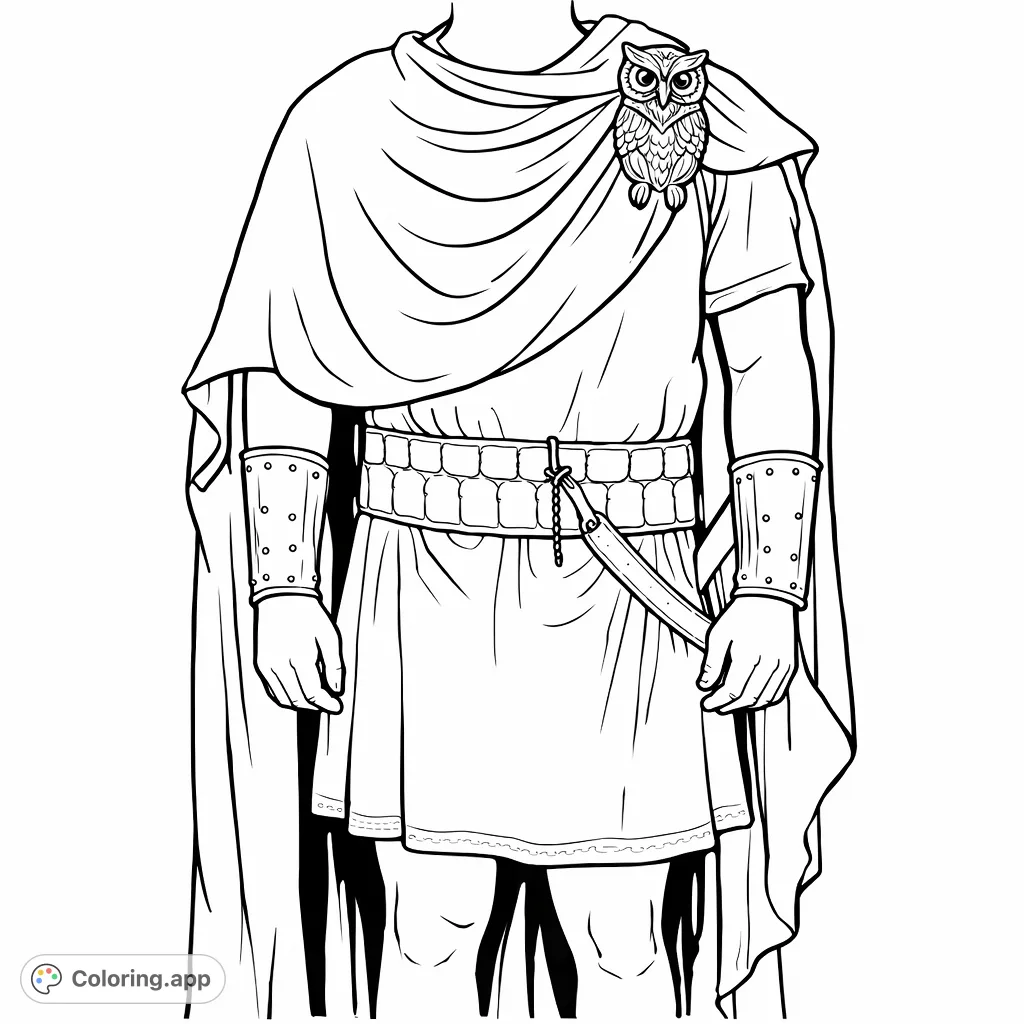 Step into history with this ancient Greek attire coloring page. Featuring a draped cloak, tunic, wide belt, and ornate armbands with a detailed owl brooch.