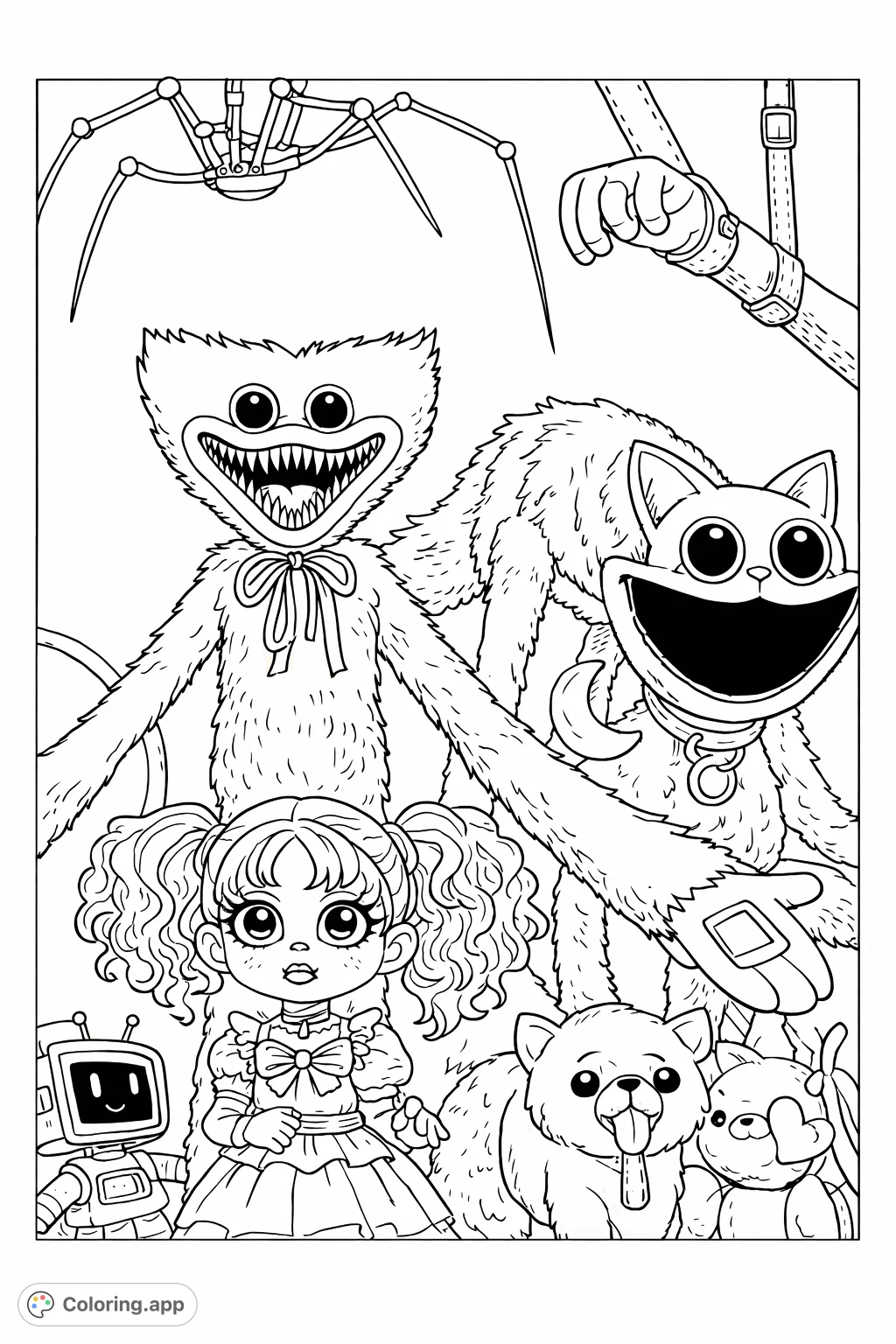 Explore a chilling assembly of spooky toy factory characters, featuring a furry bipedal monster, a grin-faced feline, a classic doll, and more. A thrilling horror coloring page!