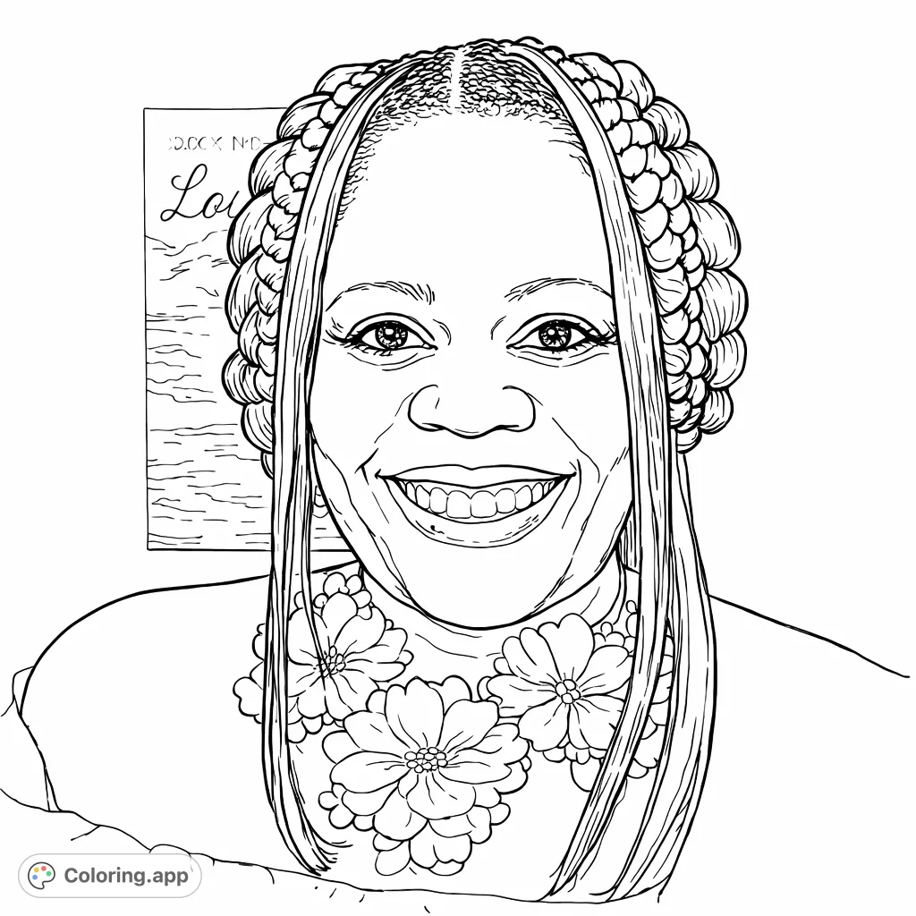 Color this beautiful portrait of a smiling woman featuring a unique braided hairstyle, an off-the-shoulder top, and a charming floral necklace.