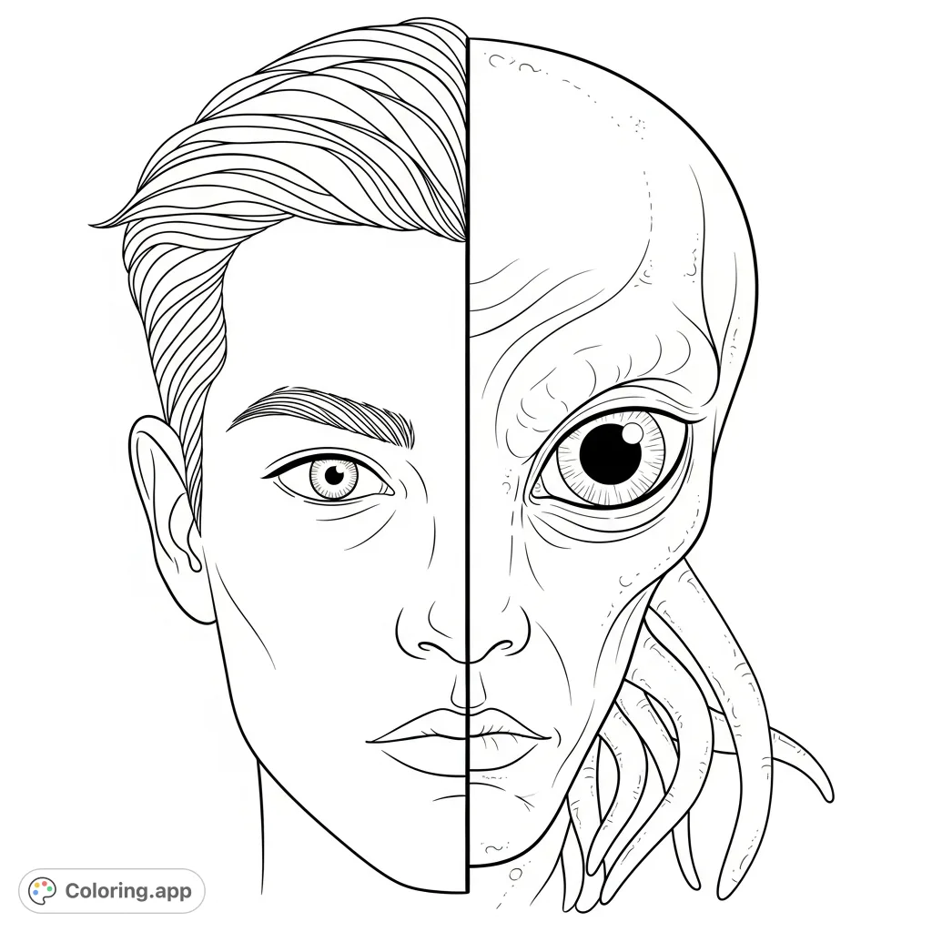 Explore the fascinating contrast of a human and alien hybrid. This unique portrait offers a creative challenge to blend or contrast two distinct forms.