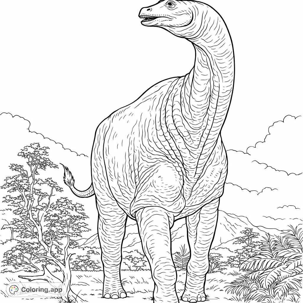Explore the ancient world with this mighty megafauna coloring page. A majestic, rhino-like creature stands in a prehistoric landscape, perfect for creative exploration.