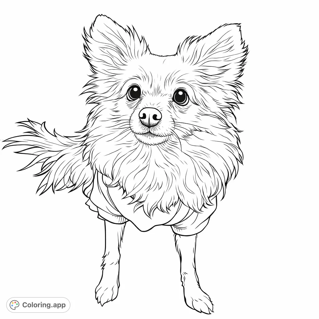 A charming fluffy dog with expressive eyes and prominent ears, wearing a cozy garment. This delightful pet portrait offers a fun coloring experience for all.