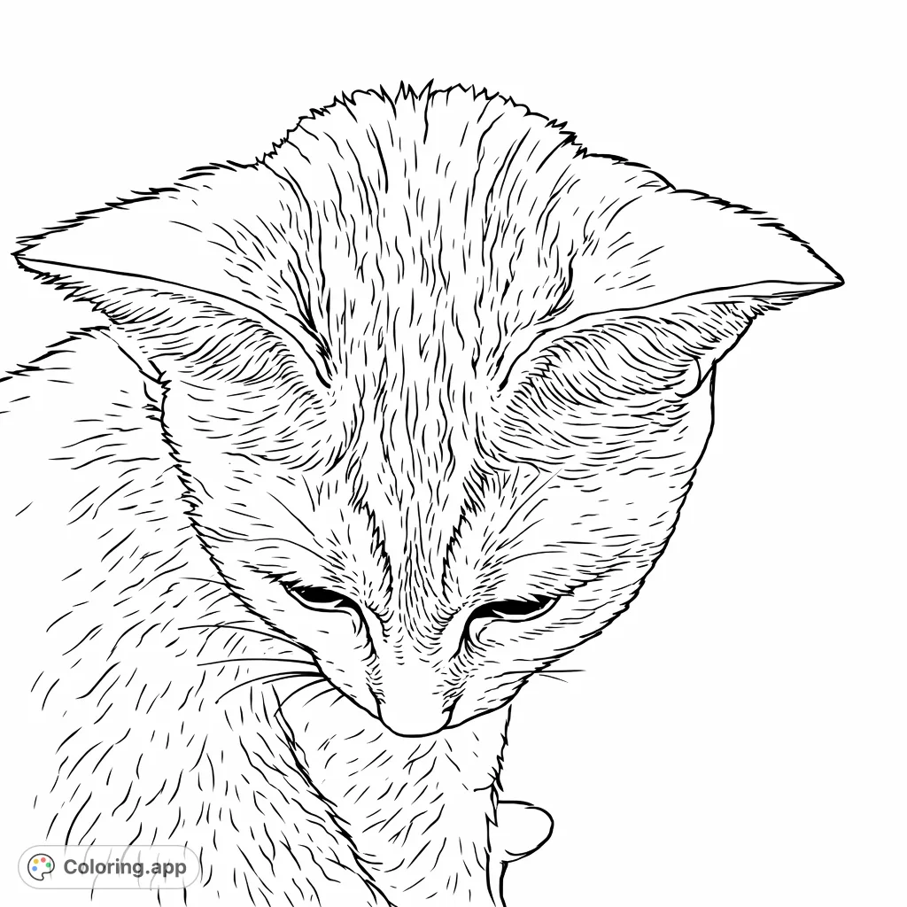 A serene cat with patterned fur, gazing downwards in a moment of quiet repose. Perfect for animal lovers and those seeking a calming coloring experience.