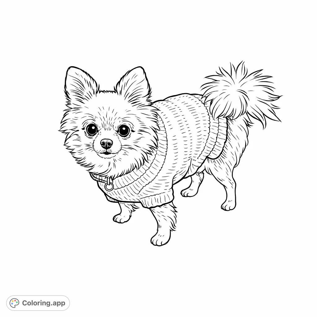 A charming coloring page featuring a fluffy dog wearing a cozy knitted sweater, perfect for pet lovers of all ages. Express your creativity with this adorable canine!
