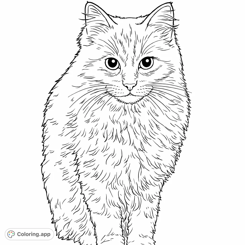 Capture the serene beauty of a fluffy cat with this detailed portrait coloring page. Its expressive eyes and soft fur invite intricate shading and creative color choices.