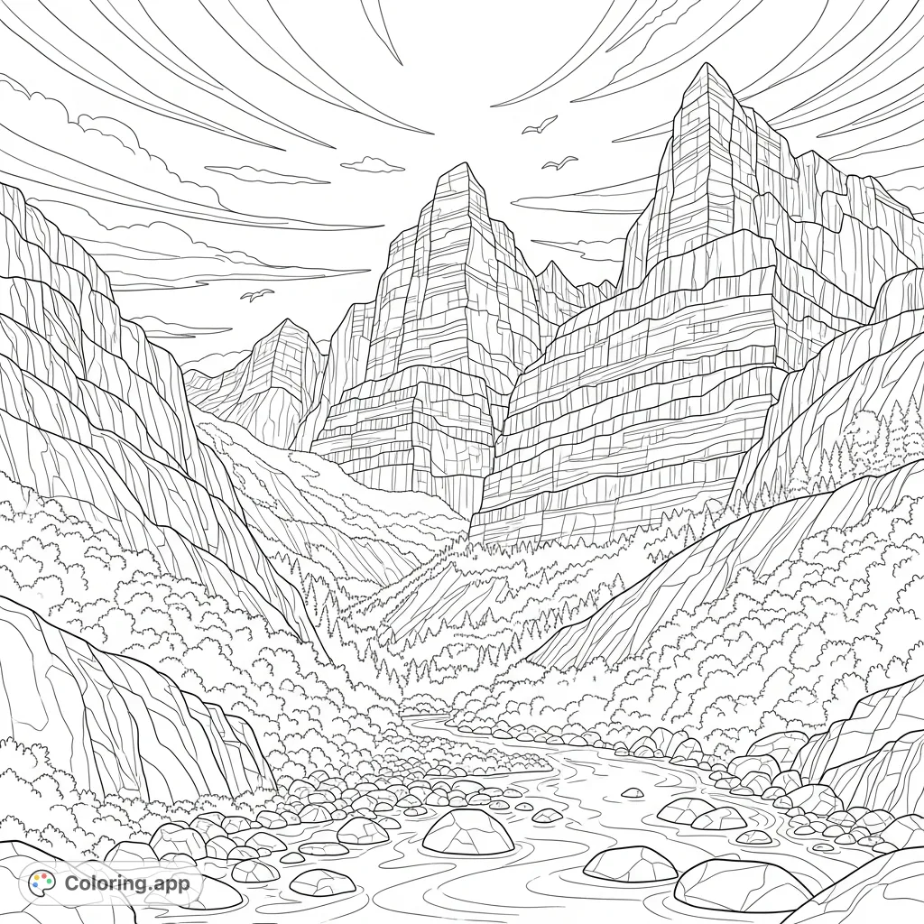 Explore a magnificent mountain landscape coloring page featuring towering peaks, dense forests, winding rivers, and expansive skies. A perfect nature scene to color!