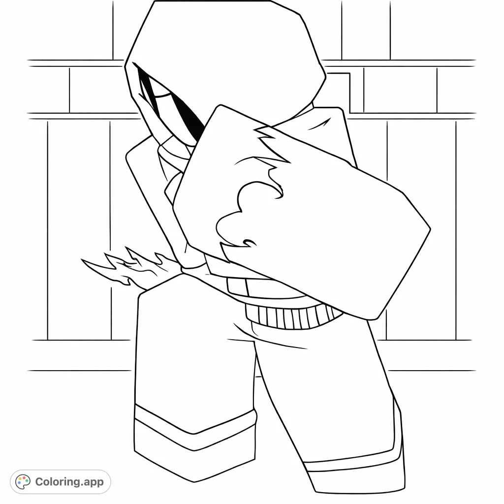 A stylized blocky character in a hooded top with unique wrist details stands against a paneled wall. Perfect for fans of gaming and simple designs.