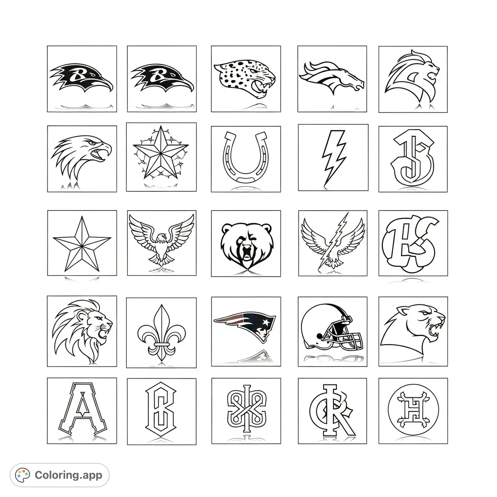 Discover 24 intricate graphic emblems, including animal heads, symbols, and the New England Patriots logo, arranged in a detailed grid for coloring.