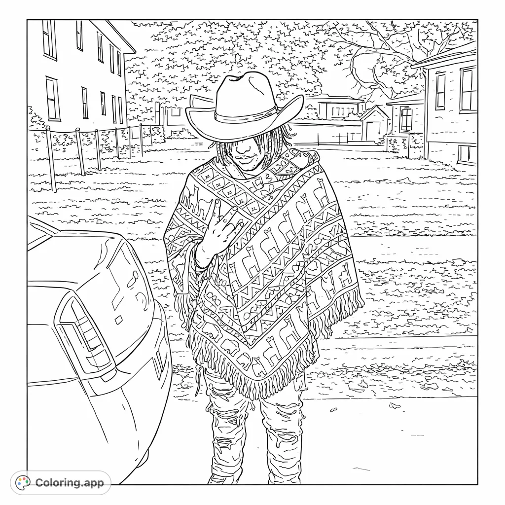 Capture urban fashion with this detailed coloring page featuring a person in a patterned poncho, cowboy hat, and ripped jeans against a street backdrop.