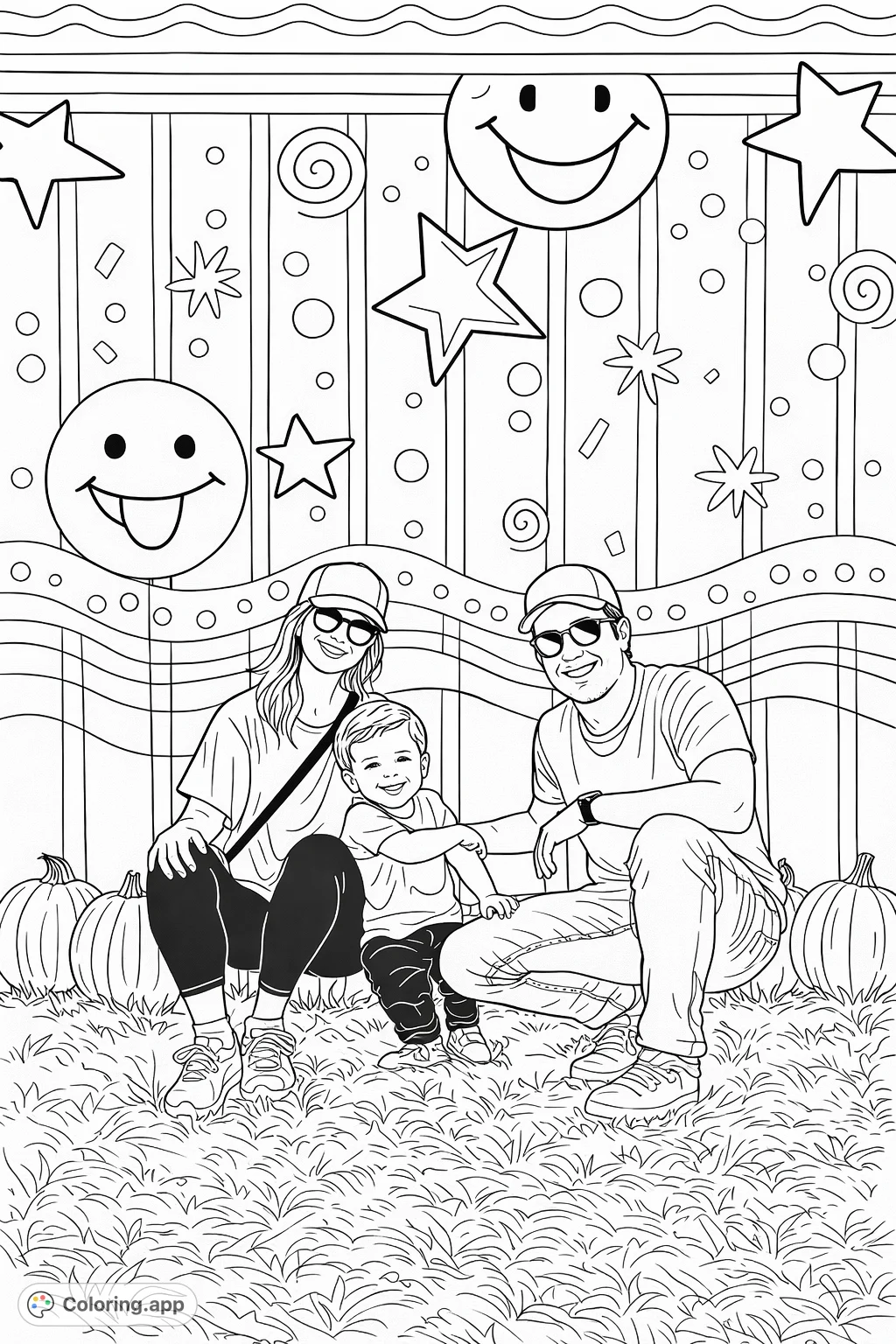 A cheerful family, with a toddler, poses happily amongst pumpkins in front of a wall adorned with whimsical stars, smileys, and playful patterns.