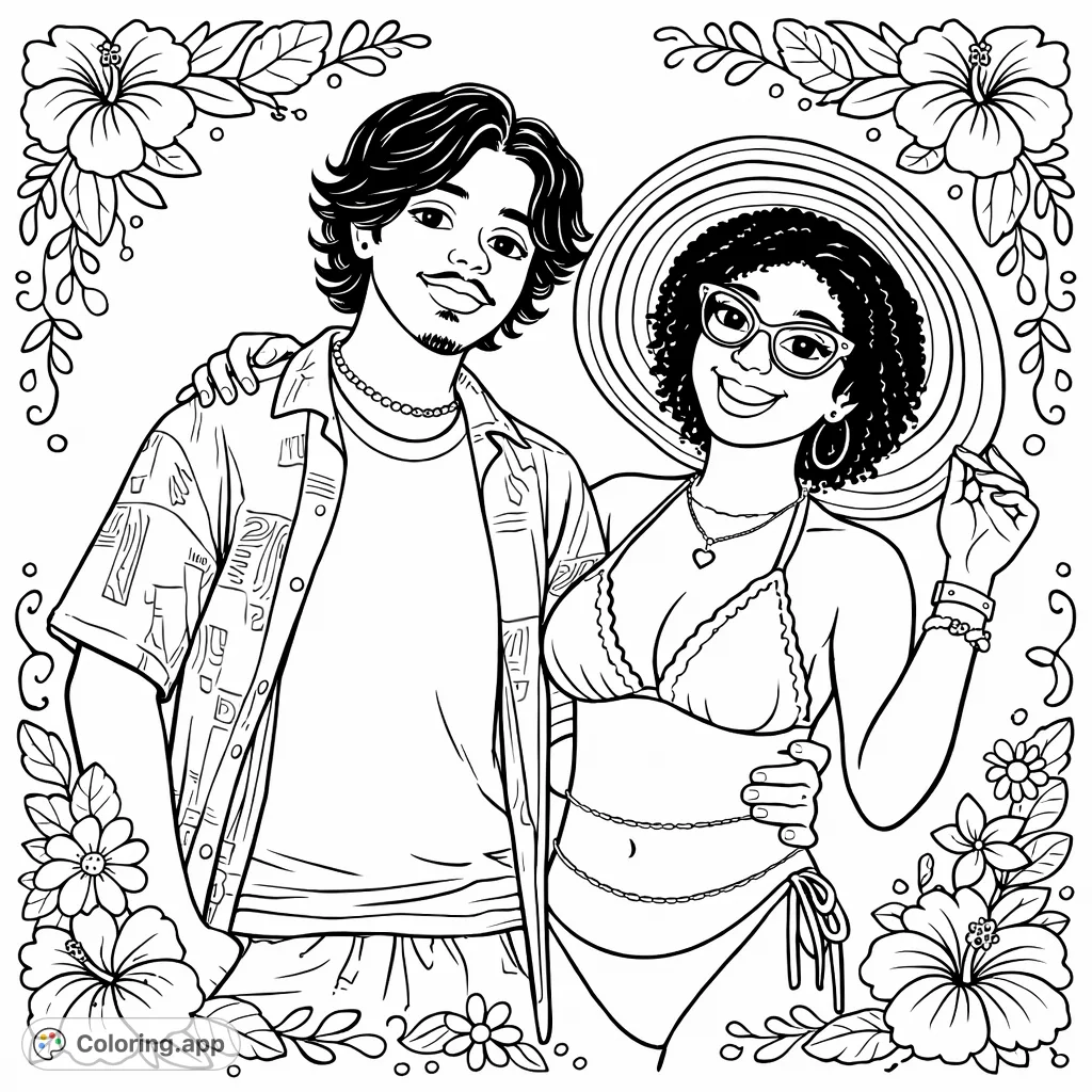 A whimsical and playful coloring page featuring a smiling couple enjoying a seaside day, complete with decorative flowers and leaves around the borders for a charming touch.