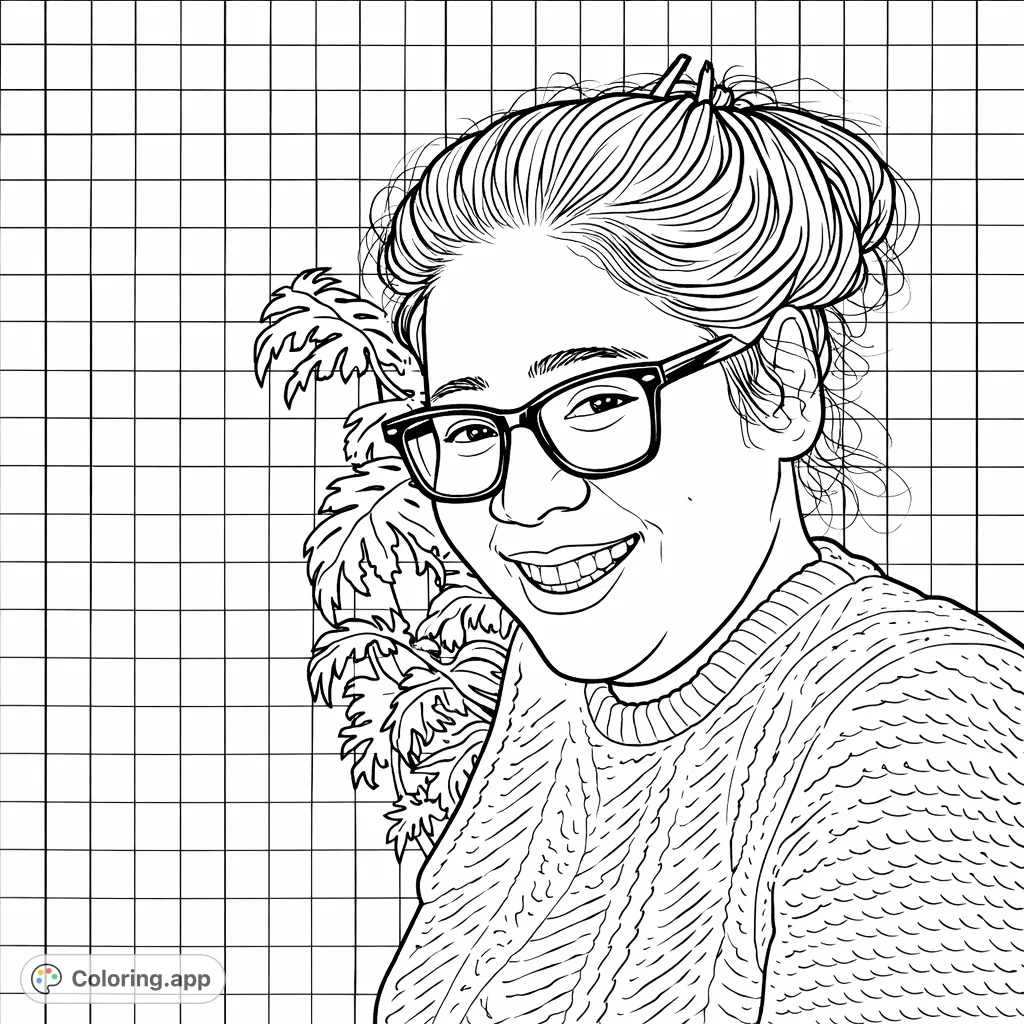 A friendly woman with glasses and a patterned sweater smiles against a simple background with a plant. Add a unique grid pattern to the background for an extra touch.