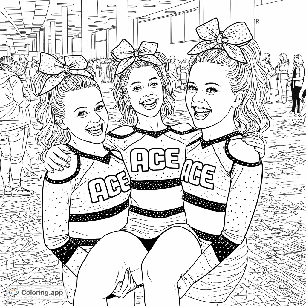 A cheerful cheerleading trio poses together, showcasing their detailed uniforms with elaborate bows and sparkling patterns. Perfect for aspiring cheerleaders!