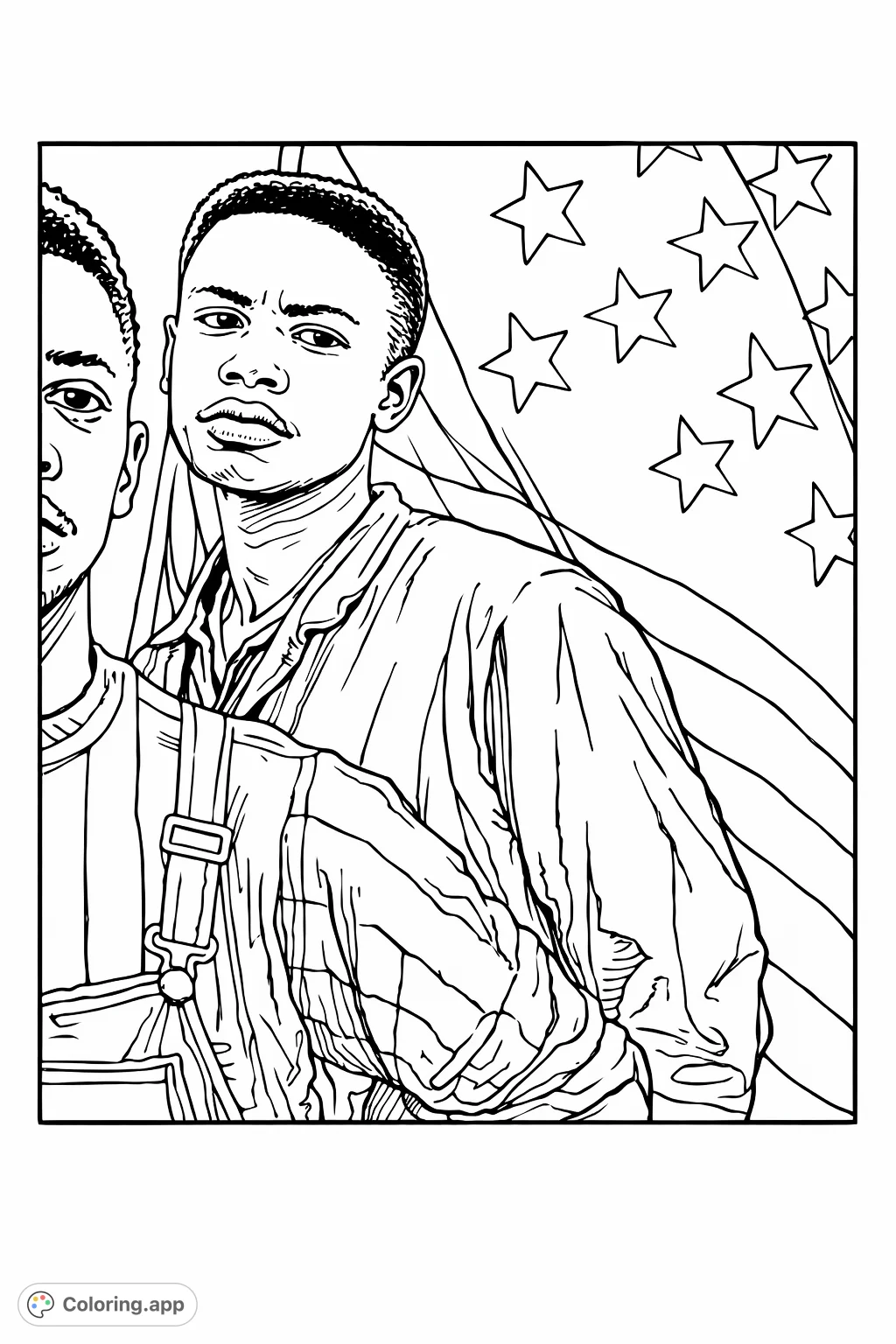 Depicts a young man with a serious gaze, standing before a large, draped flag with stars and stripes, alongside a partial figure in overalls.