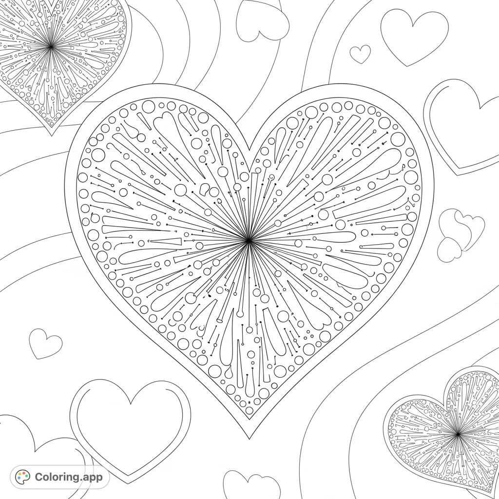 A free printable abstract hearts coloring page featuring a dazzling single heart, adorned with sparkling patterns, perfect for Valentine's Day.