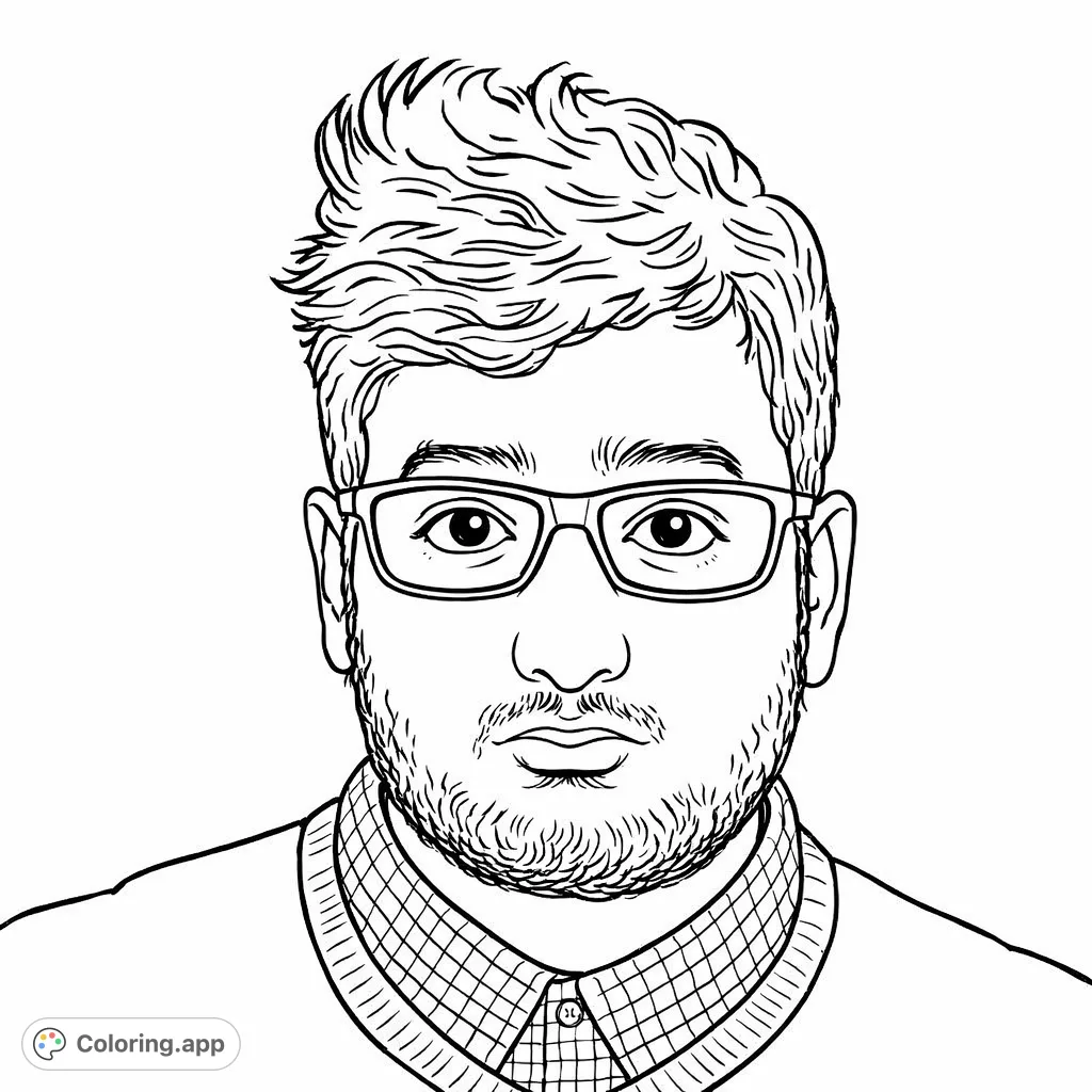 Color a detailed portrait of a young man with distinct hair, beard, glasses, and checkered shirt. Perfect for practicing realistic textures and features.