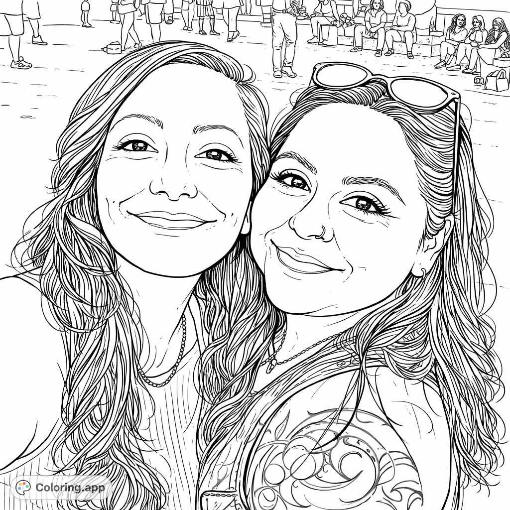 A delightful coloring page featuring two smiling individuals in a friendly outdoor setting. Express your creativity by coloring their features and surroundings.