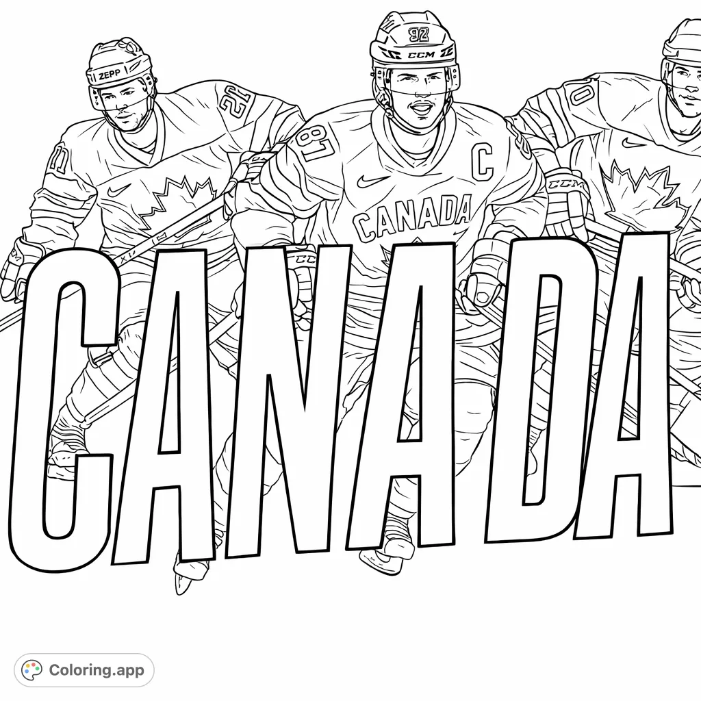 Color four dynamic hockey players in action, complete with their gear and a bold 'CANADA' overlay, celebrating the spirit of the game.