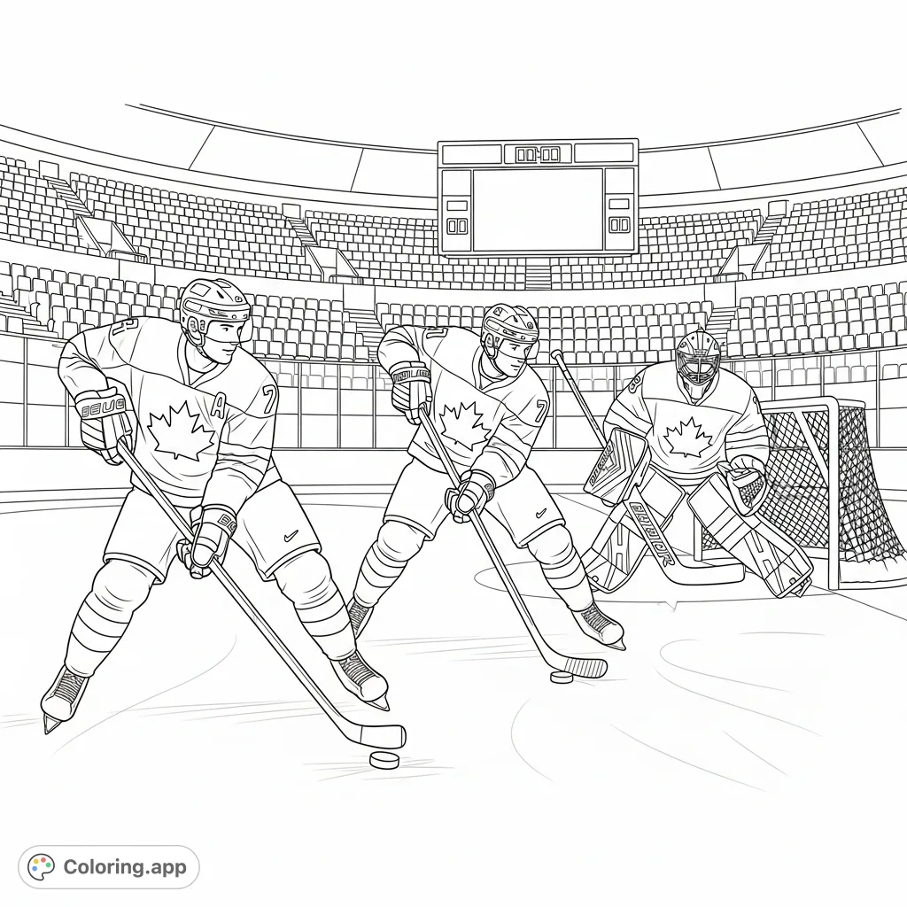 Dynamic Team Canada hockey scene featuring stars Connor McDavid, Sidney Crosby, and Nathan MacKinnon battling on Olympic ice. A detailed sports coloring page.