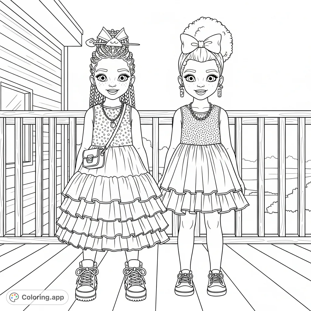 Two cheerful girls pose on a wooden deck, showcasing stylish dresses, unique hairstyles, and athletic shoes. A delightful scene for fashion-forward colorists.