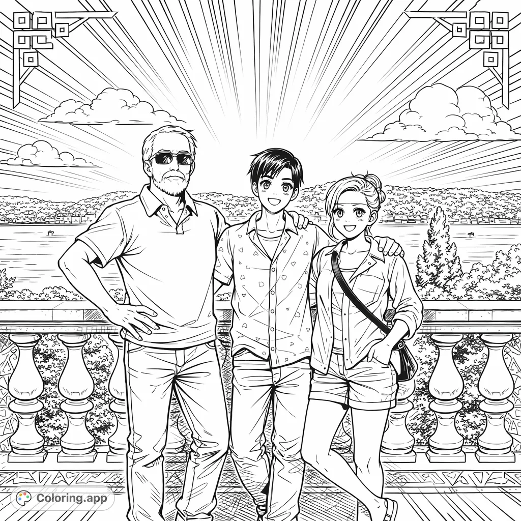 Capture the joy of a family travel moment with this anime-inspired coloring page, featuring scenic waterfront views, geometric patterns, and dynamic action lines. A free printable travel portrait coloring page for teens and adults.