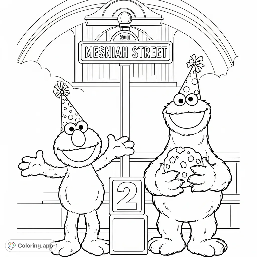 Join Elmo and Cookie Monster on Sesame Street for a joyful celebration! Featuring party hats, a big number 2, and a crumbly treat. A fun, free printable for all fans.