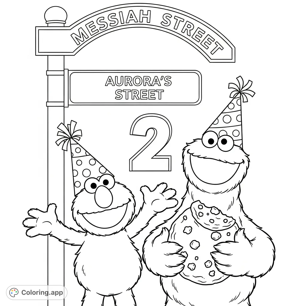 Join Elmo and Cookie Monster for a festive celebration featuring a big number 2 and the iconic "Sesame Street" sign. A joyful coloring page!