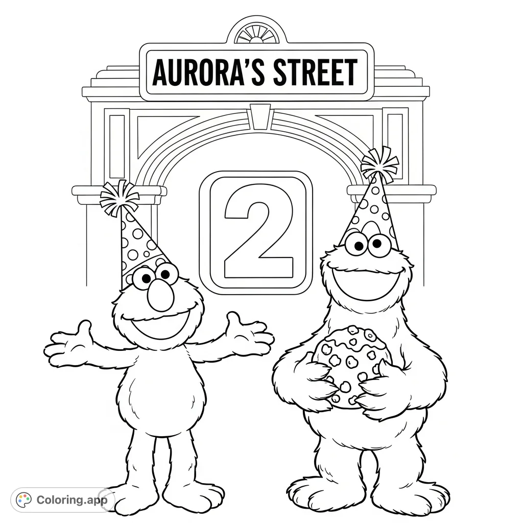 A joyful Sesame Street coloring page featuring Elmo and Cookie Monster in party hats with a prominent number 2, set against the iconic "MESSIAH Street" backdrop.