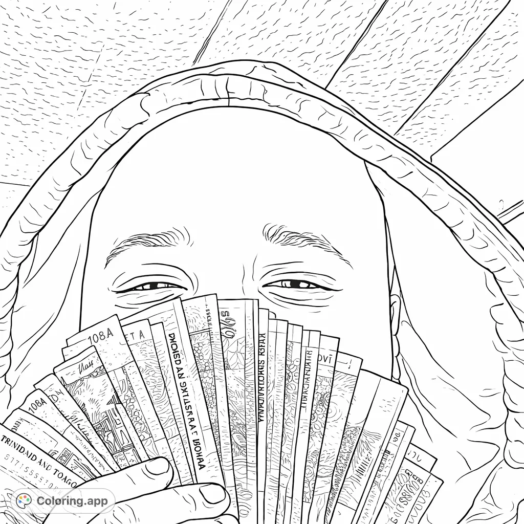 A mysterious hooded figure holds a fan of detailed banknotes, partially obscuring their face. A unique coloring page for urban themes and intricate designs.