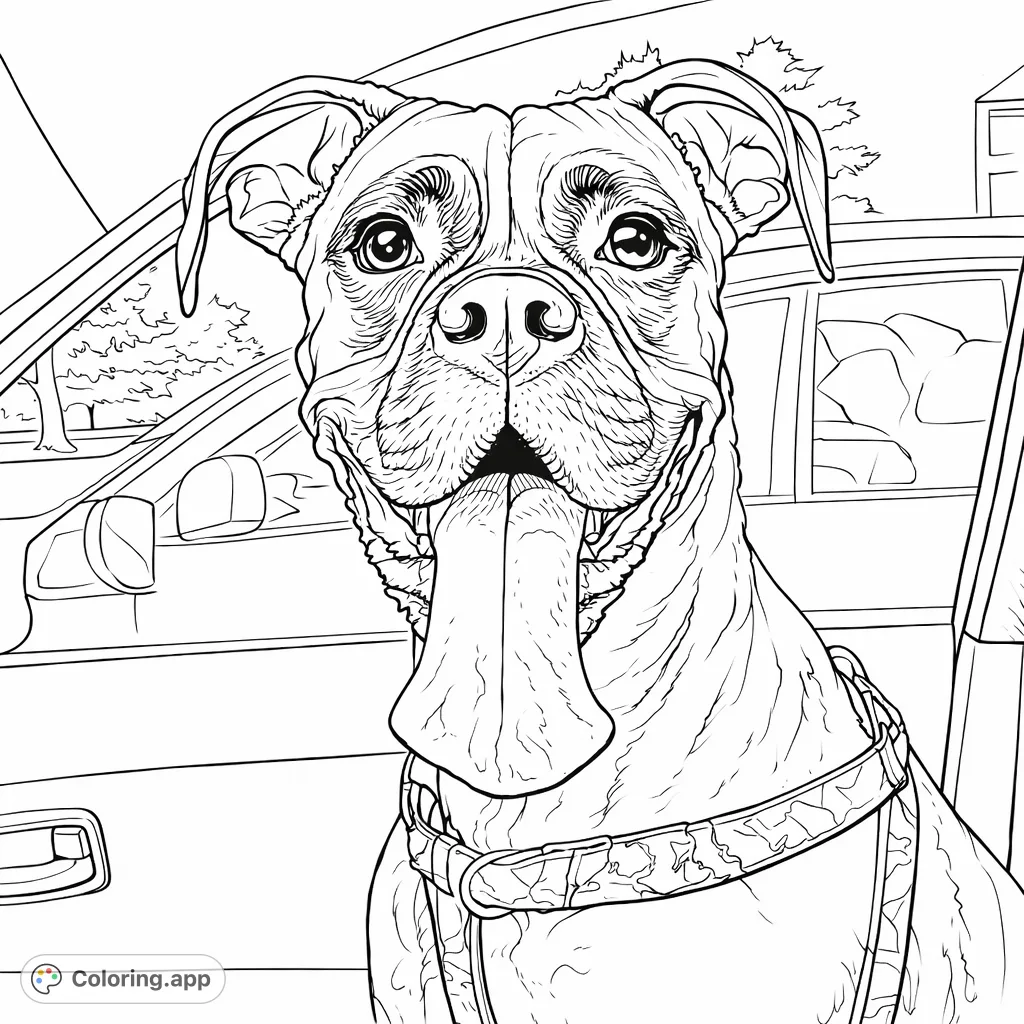 A cheerful boxer dog enjoying a car ride, tongue out and ready for adventure. A fun and engaging pet coloring page for all ages.