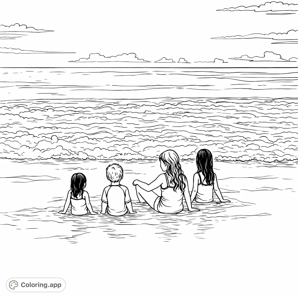 Capture the joy of childhood on a sandy beach with four friends gazing at ocean waves. A heartwarming scene perfect for imaginative coloring sessions.