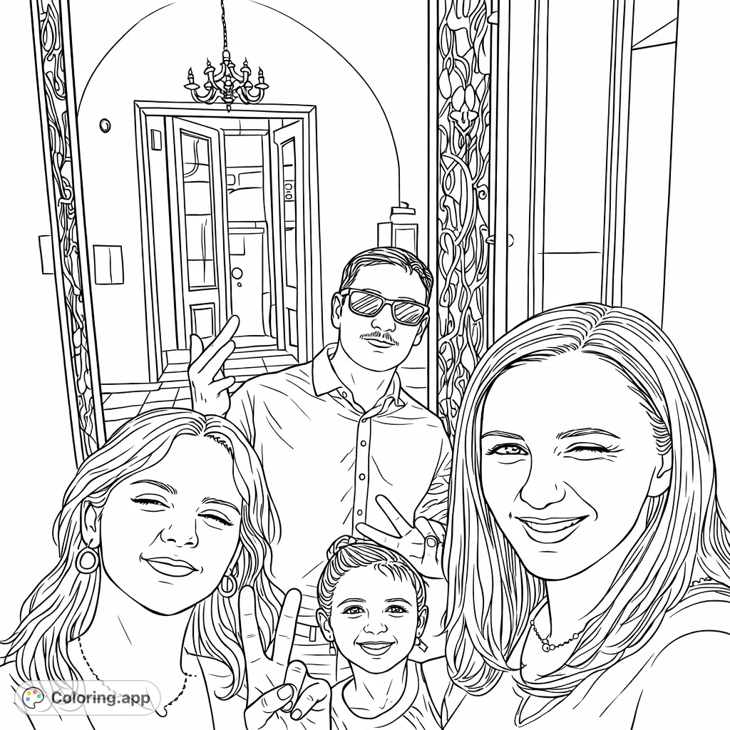 Capture a joyful moment with friends and family in front of an ornate archway. Features expressive faces and intricate architectural details.