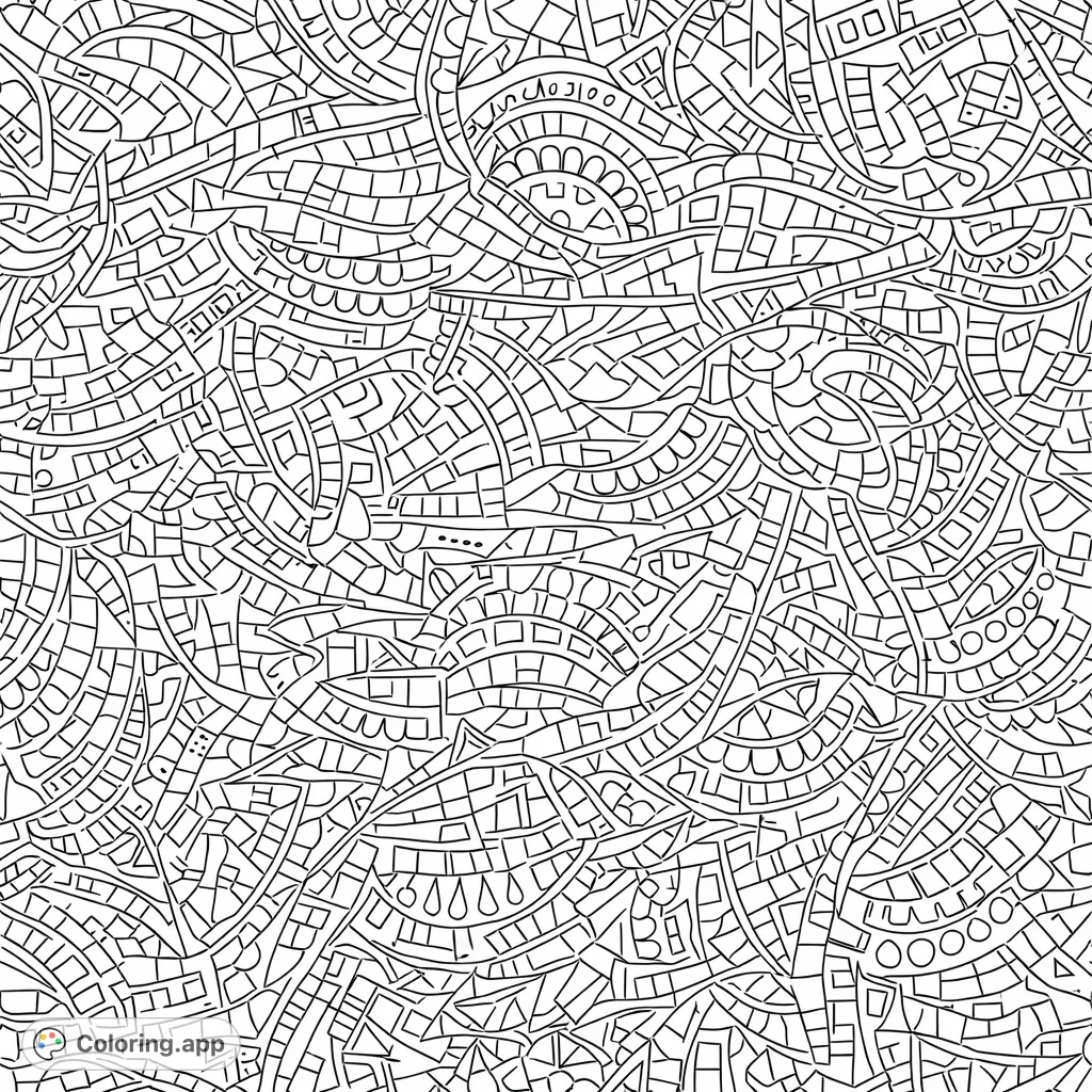 An intricate abstract pattern featuring a dense mosaic of diverse geometric shapes, including arcs, rectangles, triangles, and fan-like elements, perfect for detailed coloring.