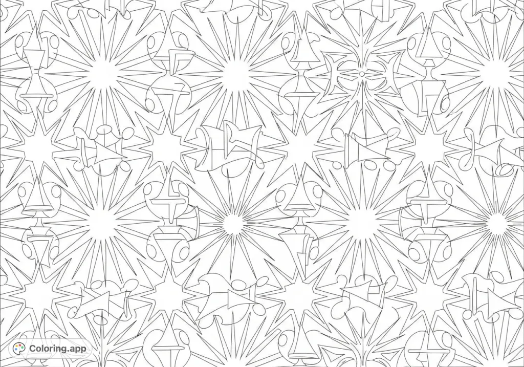 Immerse yourself in a dense Art Deco geometric pattern, featuring intricate stars, circles, starbursts, and interlocking shapes for a sophisticated coloring experience.