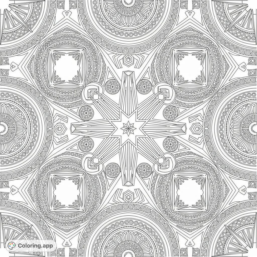 An intricate Art Deco geometric tessellation featuring sharp stars, sunbursts, and abstract automotive motifs, creating a bold and futuristic pattern. Perfect for detailed coloring.