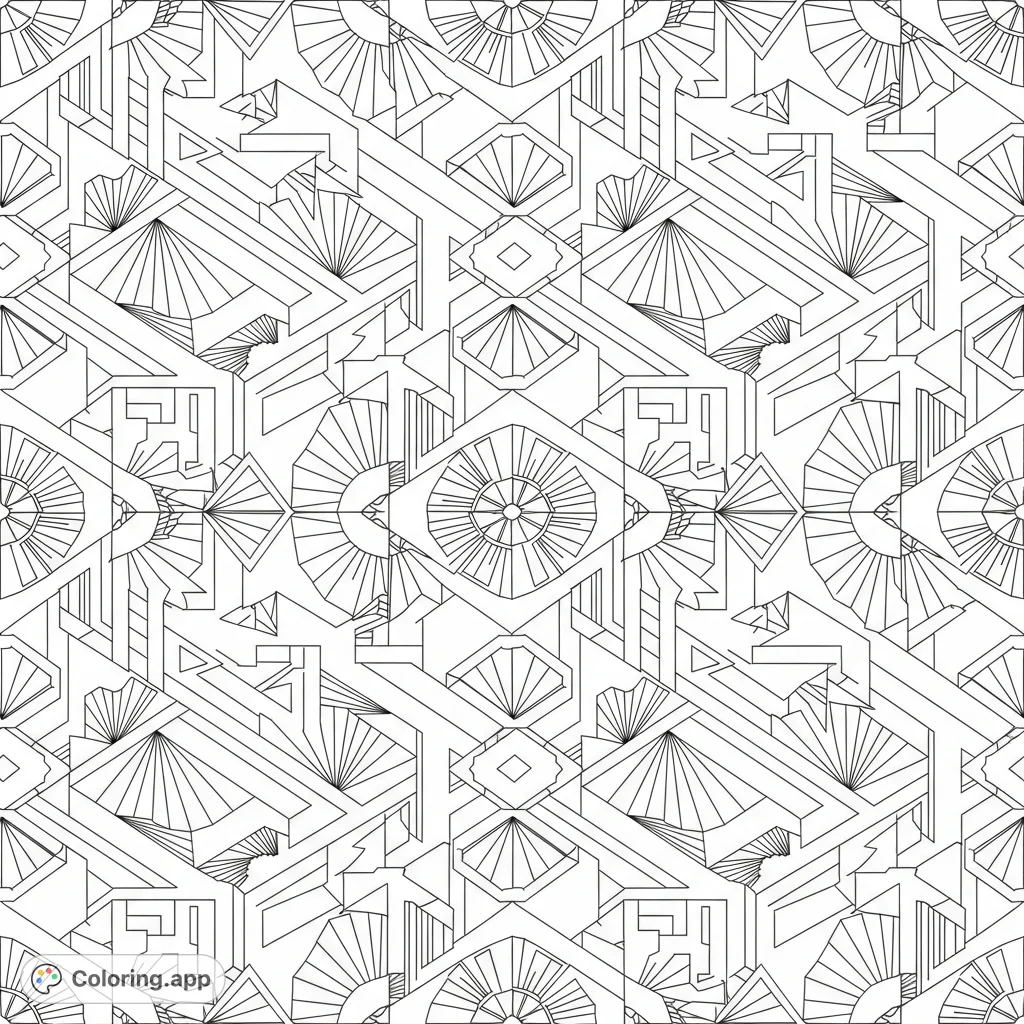 Dive into a sophisticated Art Deco geometric tessellation coloring page, featuring intricate interlocking shapes and stylized motifs for a challenging and rewarding creative experience.