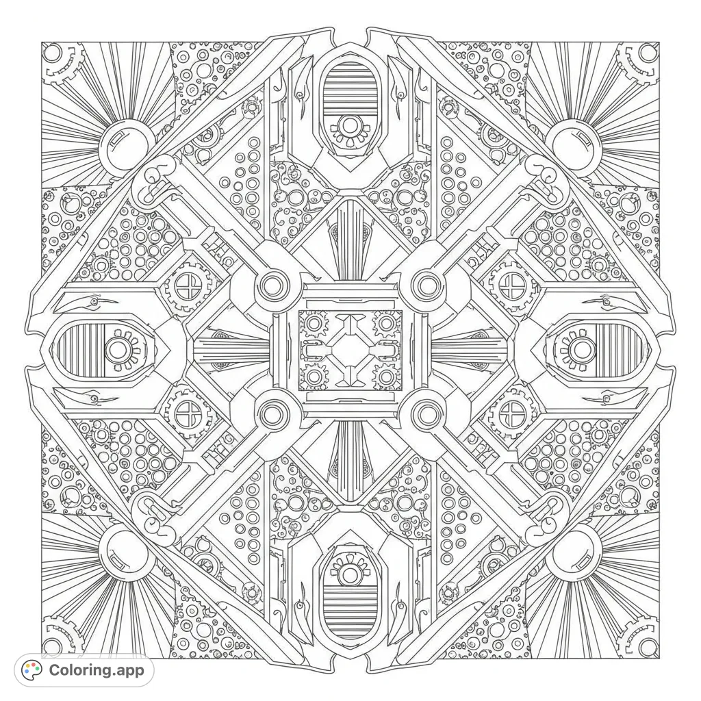Explore a complex Art Deco geometric tessellation with sunbursts, tiny circles, stylized shapes, and mechanical motifs. A bold, intricate design for advanced colorists.