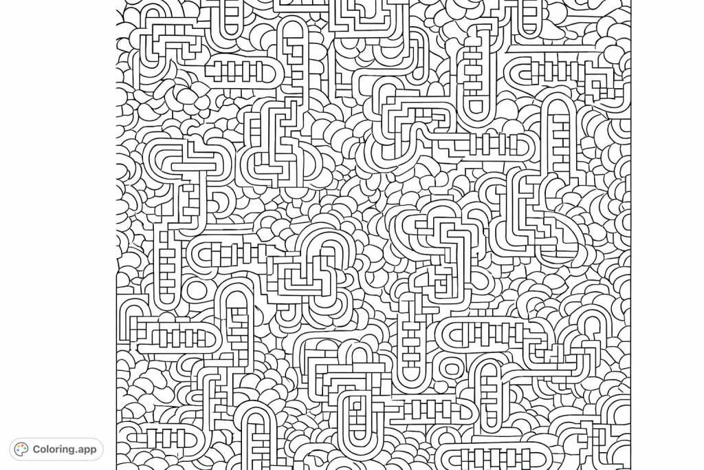 Dive into a mesmerizing abstract pattern of interconnected lines, curves, and geometric forms. This intricate design offers a challenging and engaging experience for mindful coloring.