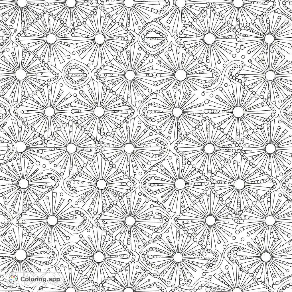 An intricate Art Deco style geometric pattern coloring page featuring sunbursts, tiny circles, and interlocking shapes inspired by classic architecture, perfect for detailed coloring.