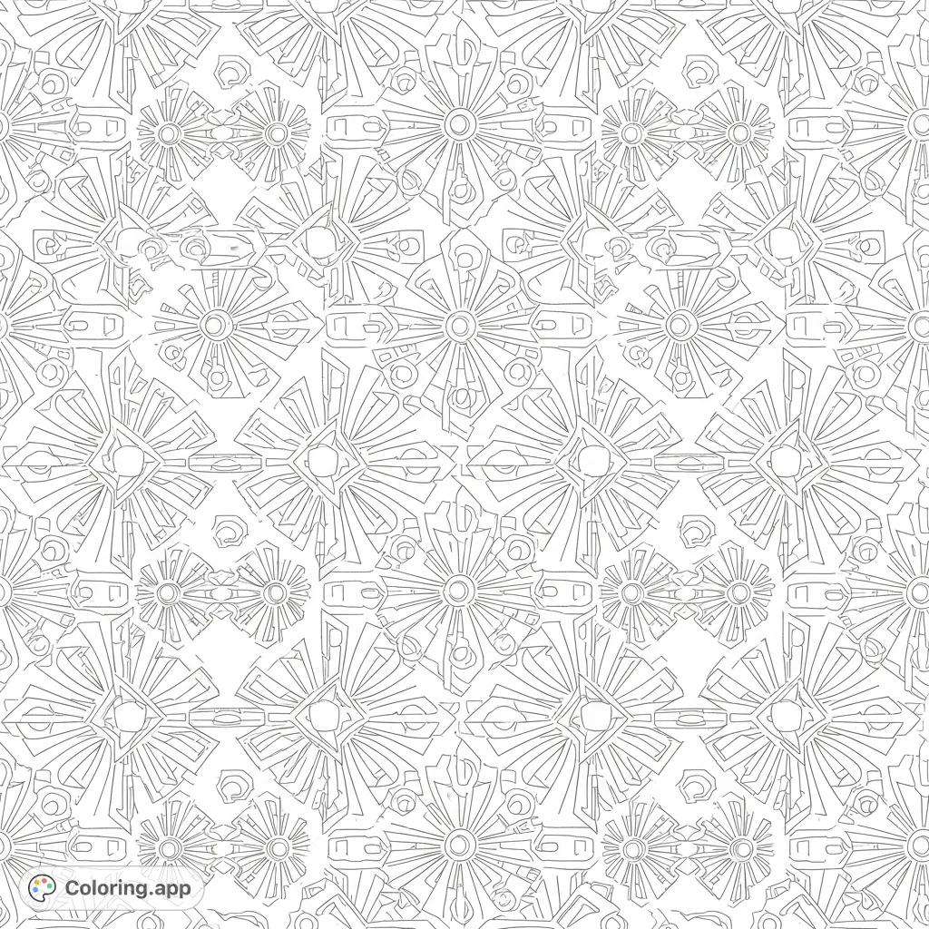 An intricate Art Deco geometric pattern, filled with sunbursts, stylized automotive shapes, and interlocking curves. A bold, futuristic design for detailed coloring.